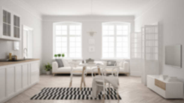 istock Blur background interior design, minimalist modern kitchen with dining table and living room 820899860
