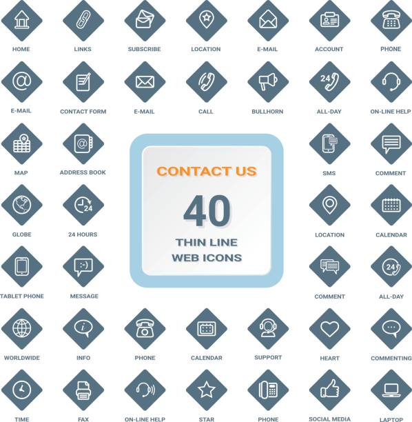 Contact Us - Set Of Thin Line Web Icons On A Rhombus Shields Isolated On A Background. Icon Set Contact Us - Set Of Thin Line Web Icons On A Rhombus Shields Isolated On A Background. Vector Icon Set. электронная почта stock illustrations