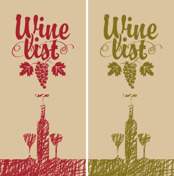 illustrazioni stock, clip art, cartoni animati e icone di tendenza di menù carta dei vini con bottiglia, due bicchieri e vite - wine grape harvesting crop