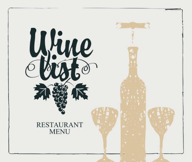 ilustrações de stock, clip art, desenhos animados e ícones de wine list menu with bottle, two glasses and vine - silhouette wine retro revival wine bottle