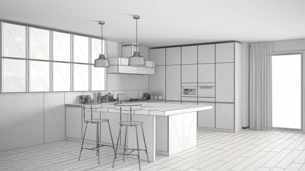 istock Unfinished project of modern kitchen with big window, sketch abstract interior design 820908678