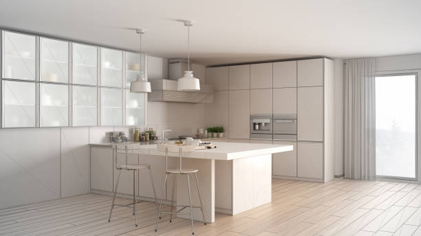 istock Unfinished project of modern kitchen with big window, sketch abstract interior design 820908798