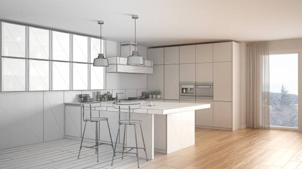 istock Unfinished project of modern kitchen with big window, sketch abstract interior design 820908878