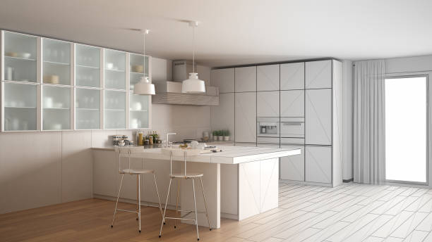 istock Unfinished project of modern kitchen with big window, sketch abstract interior design 820908974