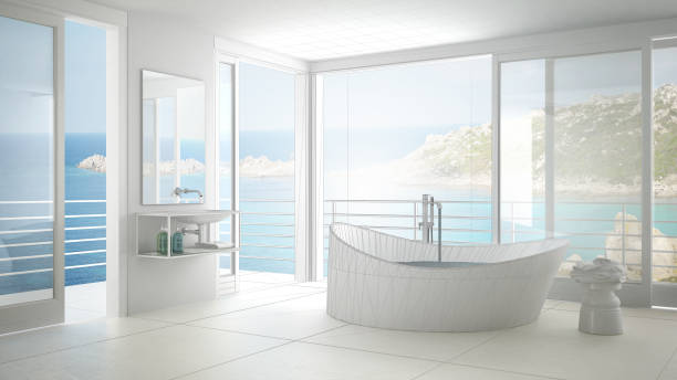 istock Unfinished project of minimalist bathroom with big window, sketch abstract interior design 820911650