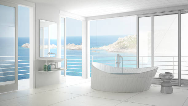 istock Unfinished project of minimalist bathroom with big window, sketch abstract interior design 820911744