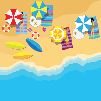 top view of summer vacation with beach items and wave. vector illustration