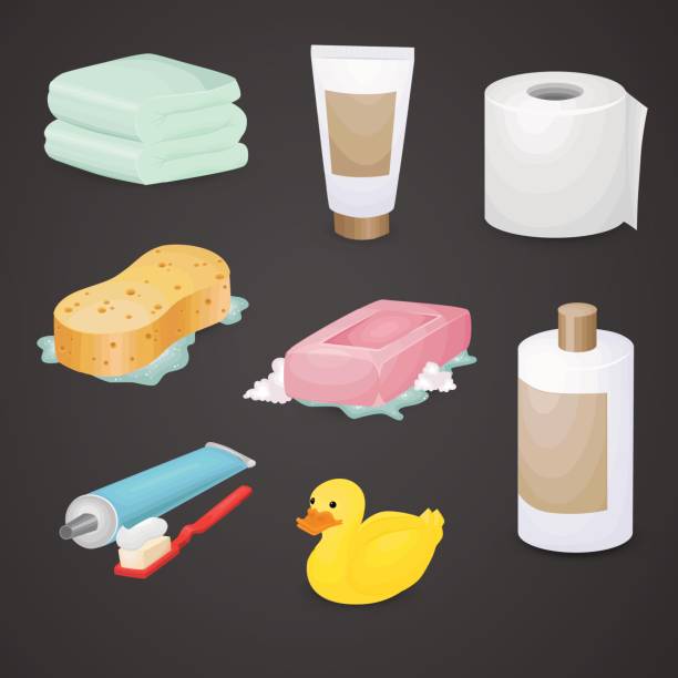 illustrazioni stock, clip art, cartoni animati e icone di tendenza di set di icone vettoriali del bagno. - sparse shape paper clean