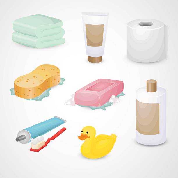 illustrazioni stock, clip art, cartoni animati e icone di tendenza di set di icone vettoriali del bagno. - sparse shape paper clean