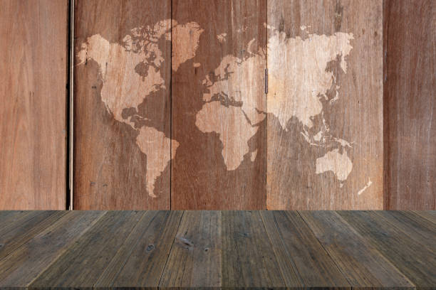 istock Wood texture background surface natural color with wood terrace with world map 820917890