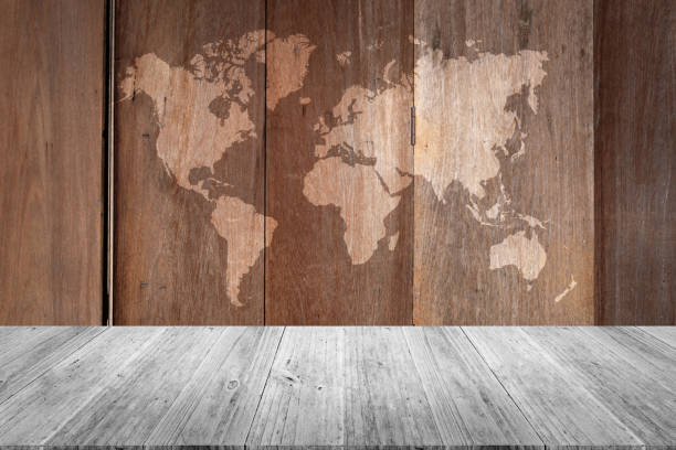 istock Wood texture background surface natural color with wood terrace with world map 820917968