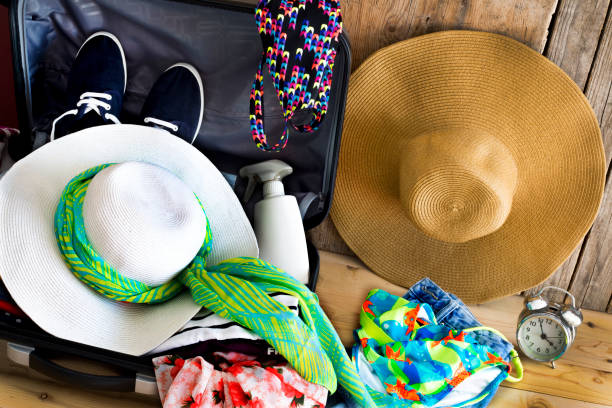 istock Travel concept, straw hat and summer accessories 820918040