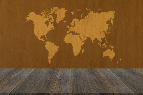istock Wood texture background surface natural color with wood terrace with world map 820918396