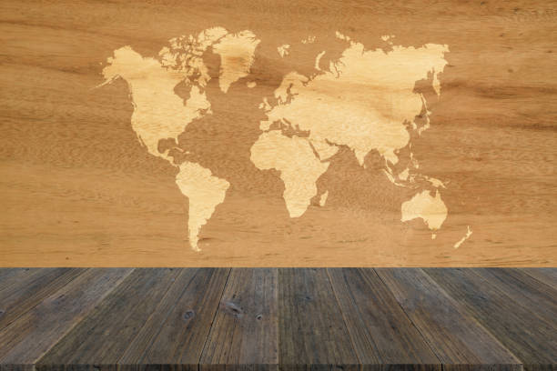 istock Wood texture background surface natural color with wood terrace with world map 820918972