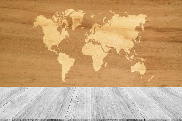 istock Wood texture background surface natural color with wood terrace with world map 820918978
