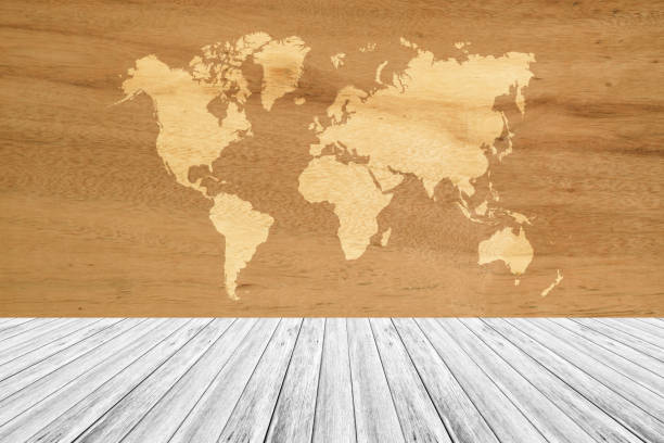 istock Wood texture background surface natural color with wood terrace with world map 820918984