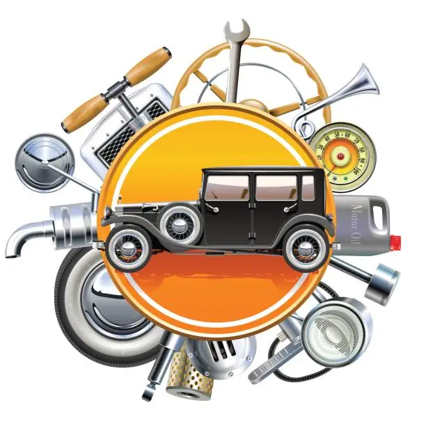 Vector illustration of Vector Retro Car Parts with Old Automobile