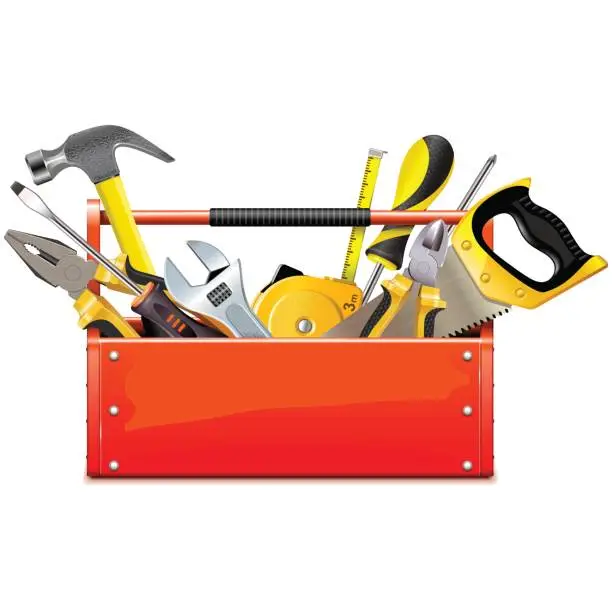 Vector illustration of Vector Red Toolbox with Hand Tools