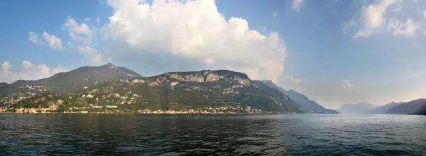 Panoramic view of the mountains across the water of Lake Como in Northern Italy