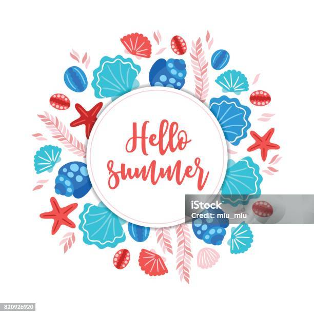 Summer Greeting Card With Shells Starfish Seaweed And Round Label Stock Illustration - Download Image Now