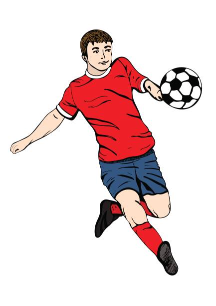 fußballer mit einem ball, vektor handzeichnung. football-spieler in einem roten blauen uniform läuft und schießt ein tor. isoliert auf weißem hintergrund. vektor - soccer ball running sports uniform red stock-grafiken, -clipart, -cartoons und -symbole