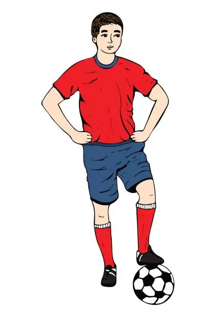 Vector illustration of Footballer, vector hand drawing. Football player in a red blue uniform with a ball. Isolated on white background. Vector