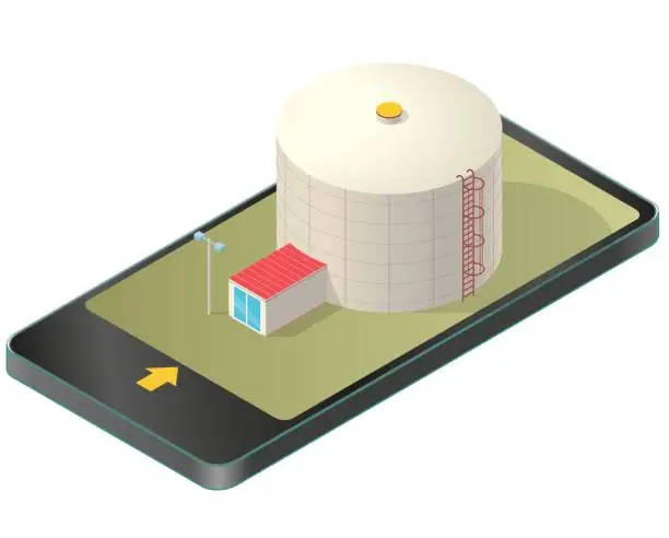 Vector illustration of Grain silo isometric building in mobile phone, isometric perspective.