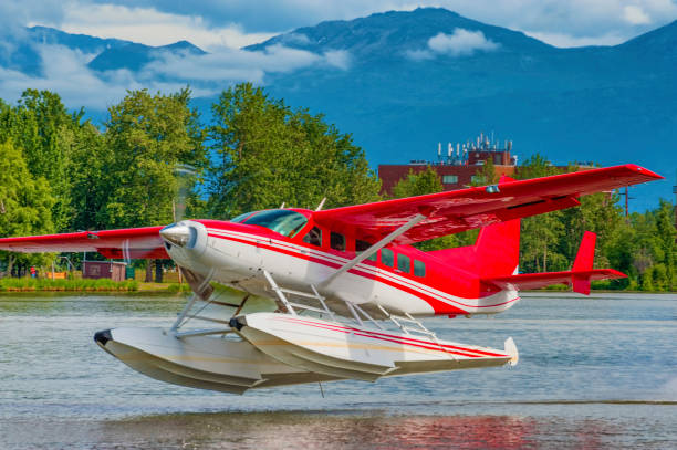A single engine scooper during a training exercise at Henry Hagg lake in Oregon. Shown here lifting off from the water in flight to dump the water on a simulated fire area. It is a valuable asset for fighting wildfires. Edited.
