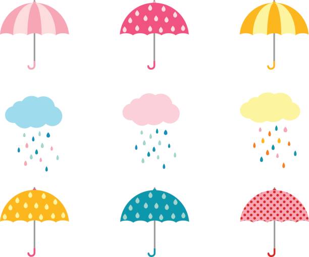 симпатичные коллекции зонтиков и облака с каплями дождя - storm umbrella parasol rain stock illustrations