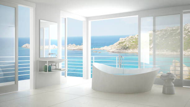 istock Minimalist bathroom with big bath tub and panoramic window, italian interior design, Sardinia, Santa Teresa Gallura 820945776