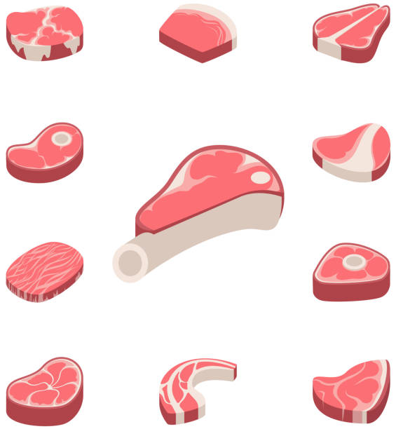 Beef steak raw meat food red fresh cut butcher uncooked chop barbecue bbq slice ingredient vector illustration Beef steak raw meat food red fresh cut butcher uncooked chop barbecue bbq slice ingredient vector illustration. Slice pork cooking barbecue fillet sirloin beefsteak gourmet protein meal. pork loin stock illustrations