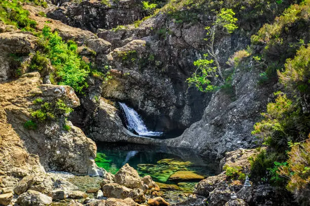 The crystalline waters of the Fairy Pools, Glen Brittle, Isle of Skye, Scotland, United Kingdom