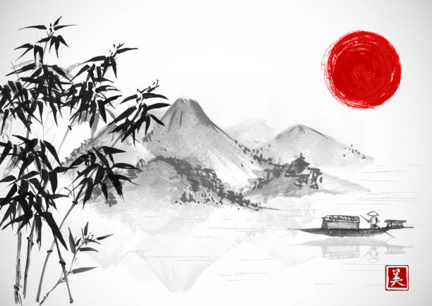 ilustrações, clipart, desenhos animados e ícones de barco de pesca, o sol vermelho e a ilha com montanhas. tinta oriental tradicional pintura sumi-e, u-sin, go-hua. contém o hieróglifo - beleza. - oriental