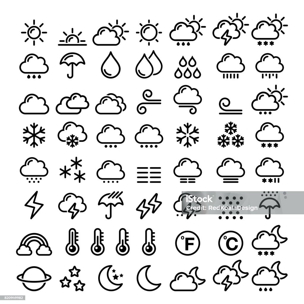 Set de iconos de la línea de tiempo - big pack de elementos gráficos 70 Previsión del tiempo, sol, nube, lluvia, nieve, viento, arco iris - arte vectorial de Tiempo atmosférico libre de derechos