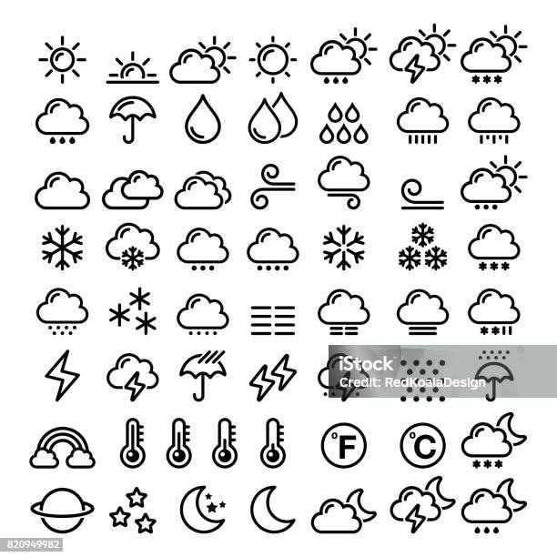Ilustración de Set De Iconos De La Línea De Tiempo Big Pack De Elementos Gráficos 70 Previsión Del Tiempo Sol Nube Lluvia Nieve Viento Arco Iris y más Vectores Libres de Derechos de Tiempo atmosférico