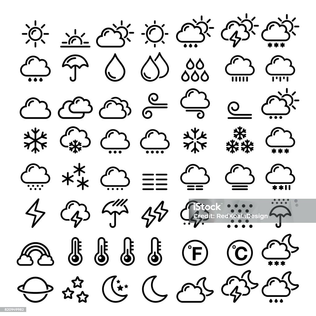 Set icone linea meteo - grande pacchetto di 70 elementi grafici delle previsioni del tempo, sole, nuvola, pioggia, neve, vento, arcobaleno - arte vettoriale royalty-free di Tempo atmosferico