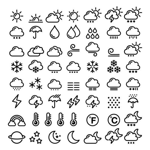 Weather line icons set - big pack of 70 weather forecast graphic elements, sun, cloud, rain, snow, wind, rainbow Vector nature collection - weather, conditions, seasons isolated on white rain symbols stock illustrations