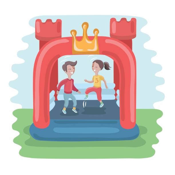 illustrazioni stock, clip art, cartoni animati e icone di tendenza di bambini che saltano nel colorato piccolo buttafuori ad aria gonfiabile castello trampolino sul prato - inflatable castle play playground