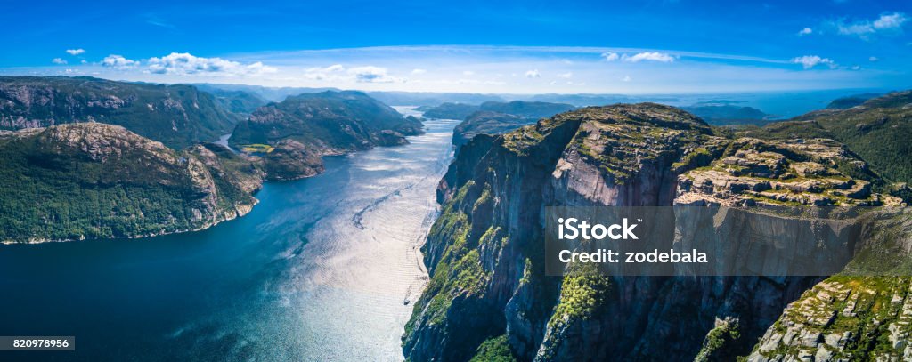 Preikestolen, Pulpit Rock, Lysefjorden, Norway. Panoramic view Preikestolen panoramic view Norway Stock Photo