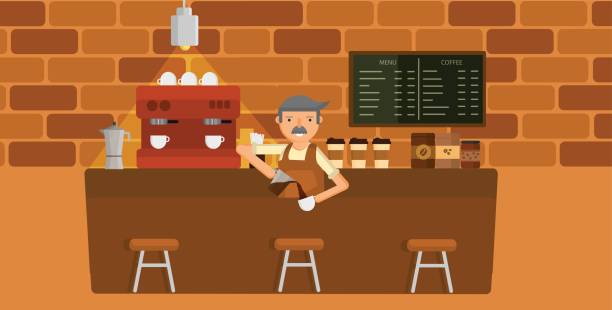 ilustraciones, imágenes clip art, dibujos animados e iconos de stock de vector de fondo café - isometric people cafe coffee shop