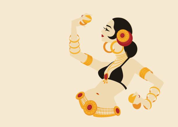 tribal belly dancer with cymbals holding expressive impressive pose Tribal belly dancer holding cymbals in impressive expressive pose. Laconic minimalistic shapes geometric graphic design. Designed for placard, poster, affiche, flyer, card belly dancing stock illustrations