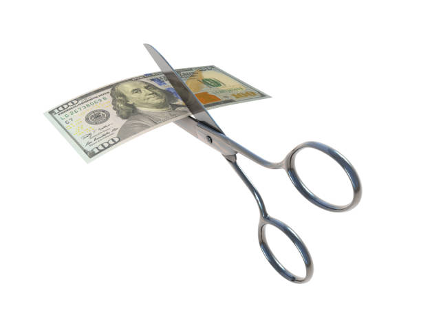 conceito de finanças - cutting currency scissors home finances - fotografias e filmes do acervo