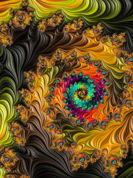 istock Multi-colored high resolution textured fractal background that reminds of a forest, as seen from above in a 60's album cover style. 821018572
