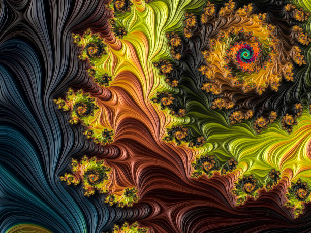 istock Multi-colored high resolution textured fractal background that reminds of a forest, as seen from above in a 60's album cover style. 821018606