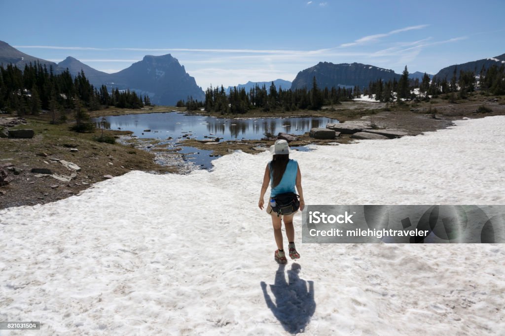Woman hikes Glacier National Park Logan Pass snowfield lake Montana Hiking near a melt water lake in the Lewis Range on the Hidden Lake Trail, a woman crosses numerous Logan Pass snow fields in Glacier National Park, Montana. Adult Stock Photo