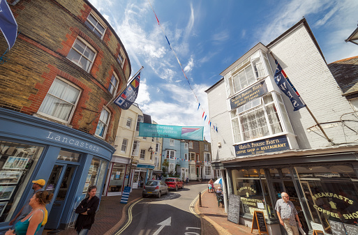 Cowes, Isle of Wight, UK. 13th July 2017. The streets and lanes of Cowes on the Isle of Wight on a warm summer's day. Cowes is an affluent town with a prominent sailing community.