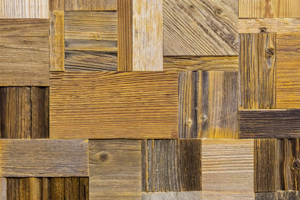 istock Art wooden construction. Different brown real wood texture background. Vintage and old rectangle tiles. Close-up of wood wall with scratches, cracks 821032102