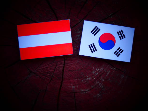 istock Austrian flag with South Korean flag on a tree stump isolated 821035082