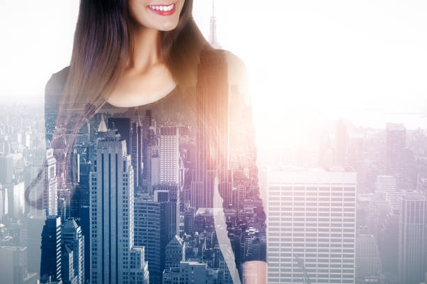 istock Woman on city background multiexposure 821037584