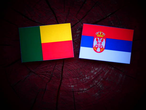 istock Benin flag with Serbian flag on a tree stump isolated 821038356